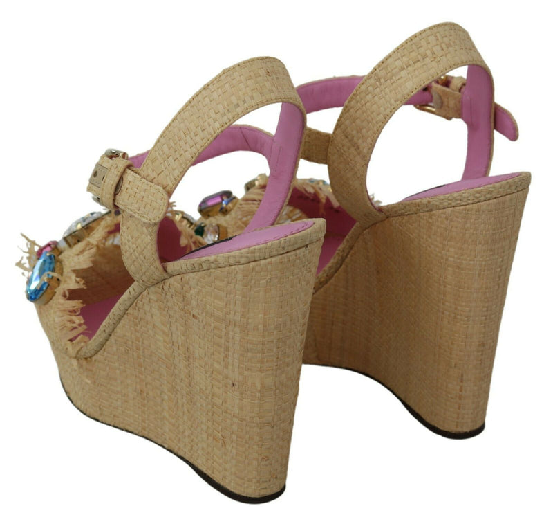 Beige Silk Strap Wedge Sandals Dolce & Gabbana