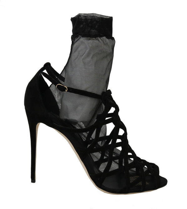 Black Suede Tulle Ankle Boot Sandals Dolce & Gabbana