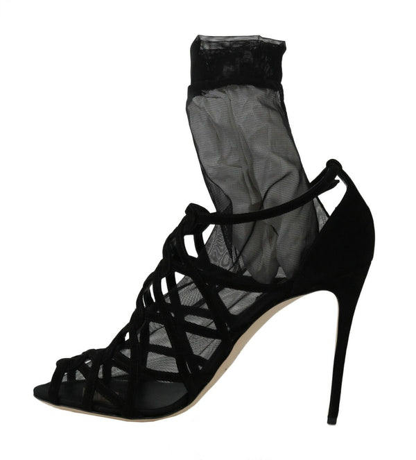 Black Suede Tulle Ankle Boot Sandals Dolce & Gabbana