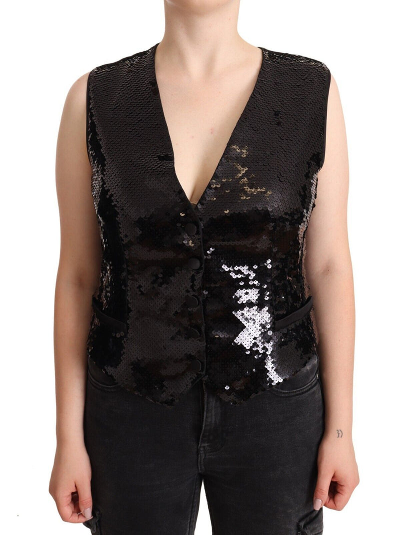 Elegant Black Sequined Sleeveless Vest Top Dolce & Gabbana