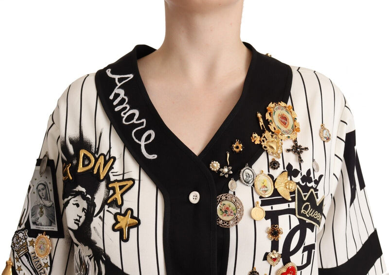 Elegant Striped V-Neck Blouse with Charms Dolce & Gabbana