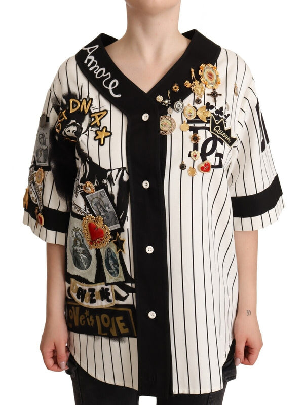 Elegant Striped V-Neck Blouse with Charms Dolce & Gabbana