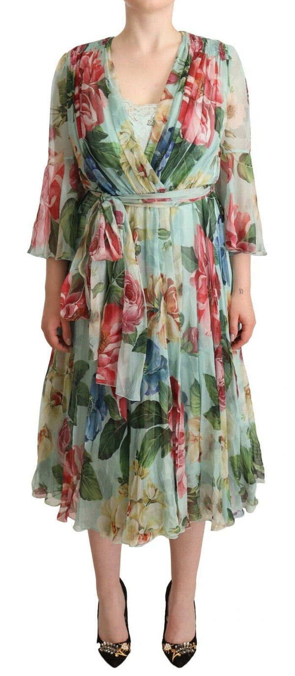 Elegant Floral Green Midi Silk Dress Dolce & Gabbana