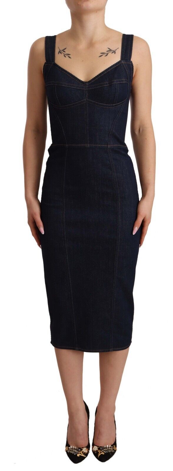 Elegant Dark Blue Denim Sheath Midi Dress Dolce & Gabbana