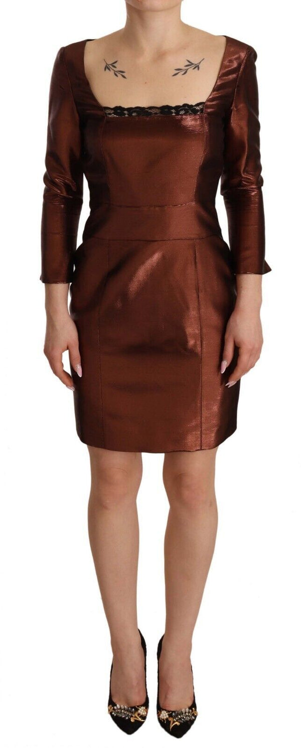 Elegant Bronze Sheath Mini Dress with Square Neck GF Ferre