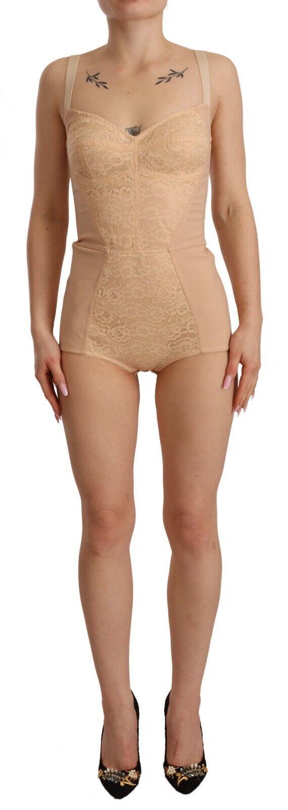 Beige Lace Panel Stretch Bodysuit Dolce & Gabbana