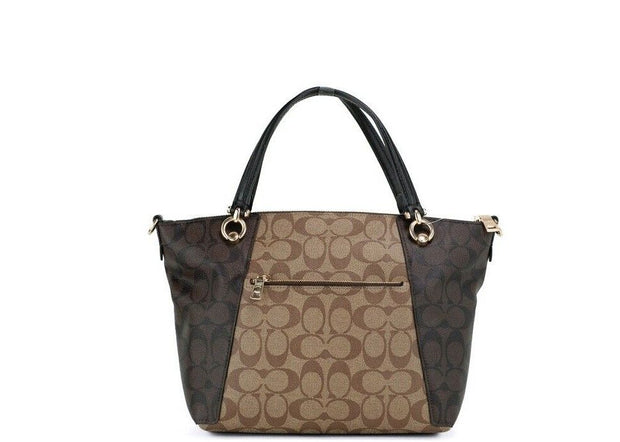 Kacey Khaki Brown Blocked Signature Canvas Top Zip Satchel Handbag COACH