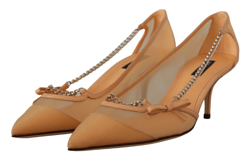 Elegant Beige Mesh Pumps with Silver Chains Dolce & Gabbana