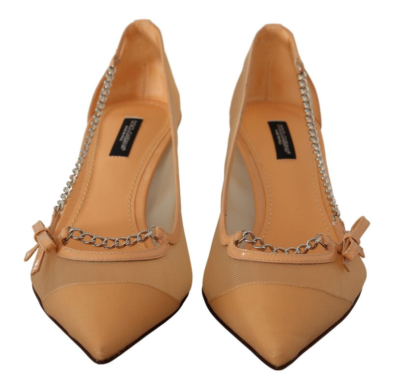 Elegant Beige Mesh Pumps with Silver Chains Dolce & Gabbana