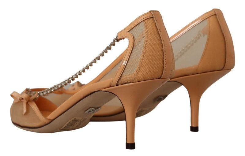 Elegant Beige Mesh Pumps with Silver Chains Dolce & Gabbana