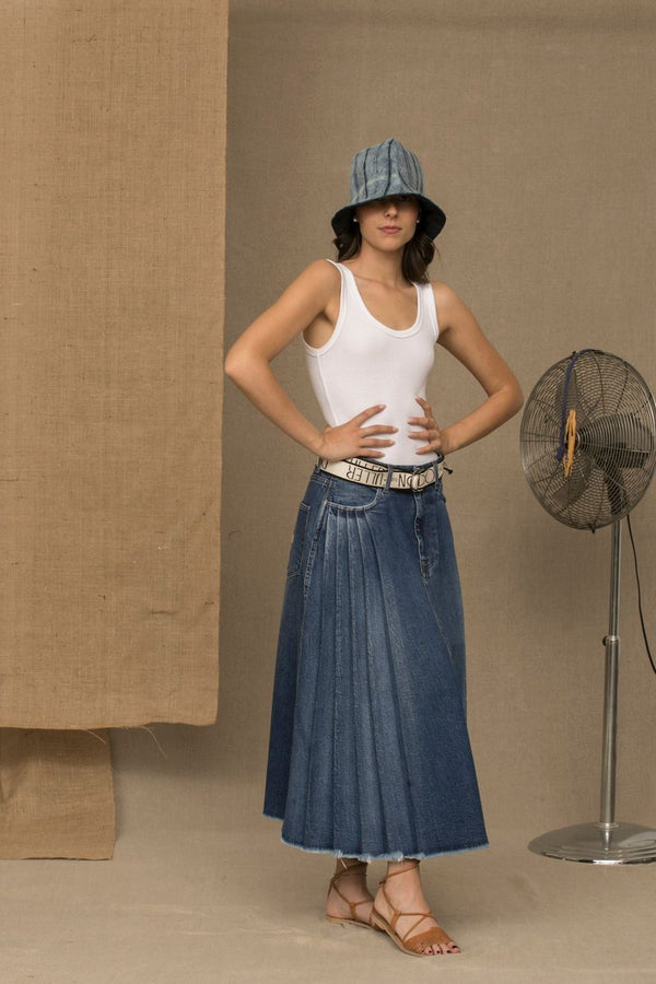 Chic Blue Denim Pleated Skirt Don The Fuller