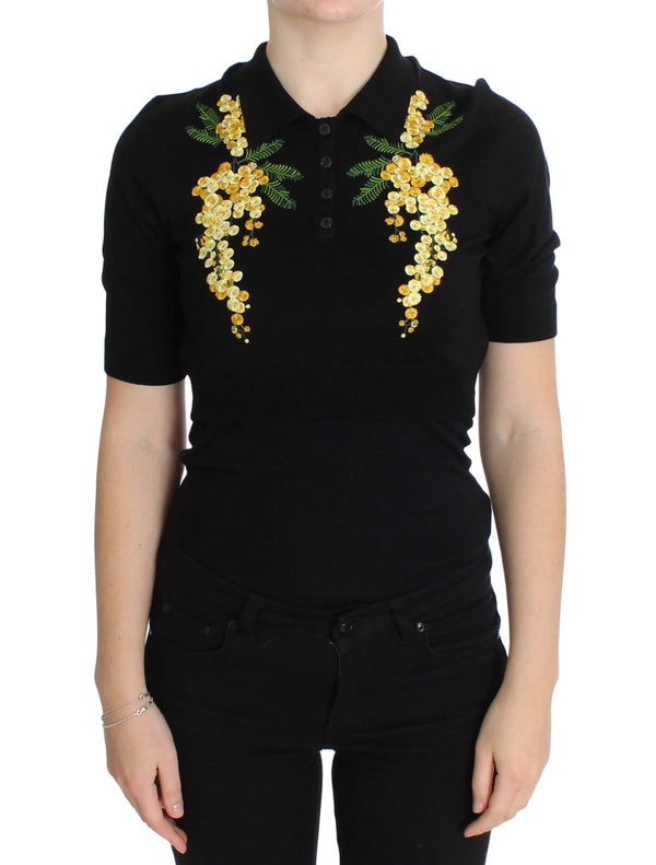 Elegant Black Silk Floral Polo Top Dolce & Gabbana