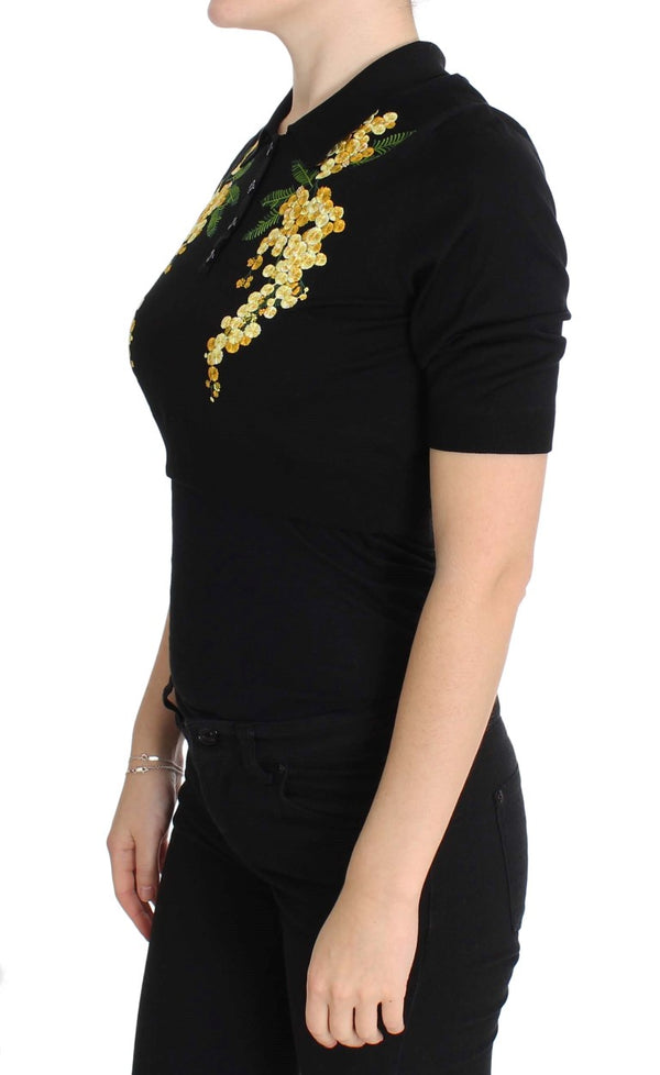 Elegant Black Silk Floral Polo Top Dolce & Gabbana