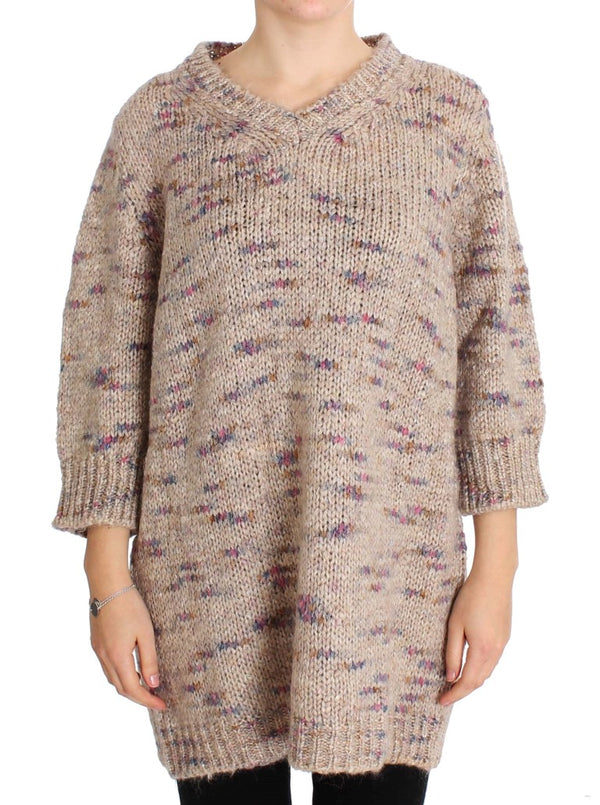 Beige Oversized V-Neck Knitted Sweater PINK MEMORIES