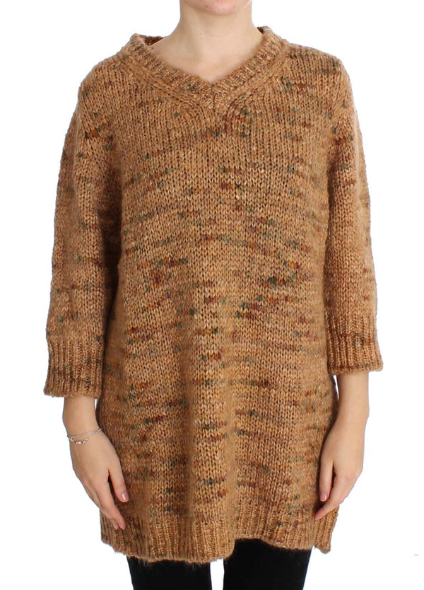 Chic Brown Oversize Knitted V-Neck Sweater PINK MEMORIES