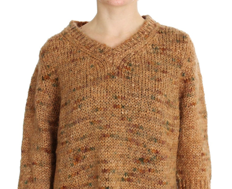 Chic Brown Oversize Knitted V-Neck Sweater PINK MEMORIES