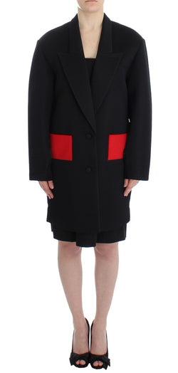 Elegant Draped Long Coat in Black with Red Accents KAALE SUKTAE