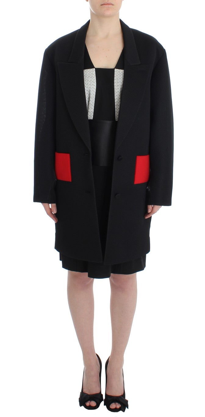 Elegant Draped Long Coat in Black with Red Accents KAALE SUKTAE