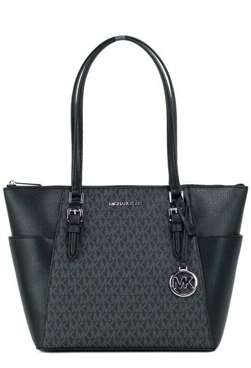 Charlotte Black PVC Leather Large Top Zip Tote Handbag Bag Purse Michael Kors