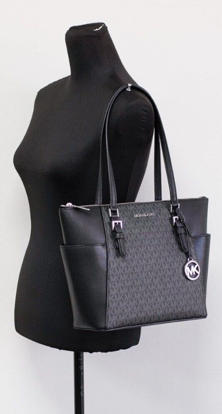 Charlotte Black PVC Leather Large Top Zip Tote Handbag Bag Purse Michael Kors