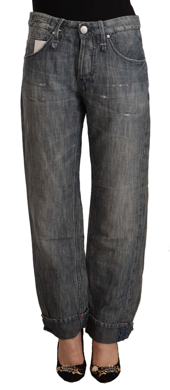 Chic Gray Straight Cut Ramie-Cotton Jeans Acht