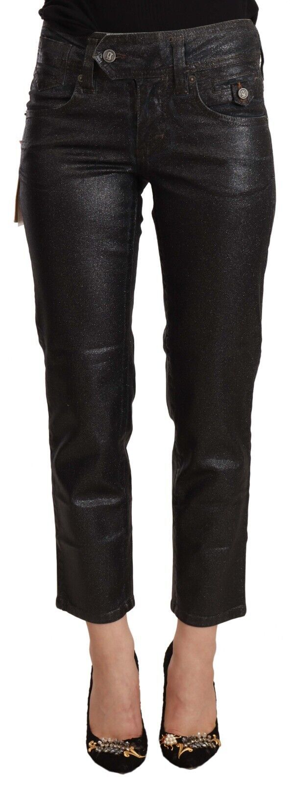 Chic Black Glittered Cropped Pants John Galliano