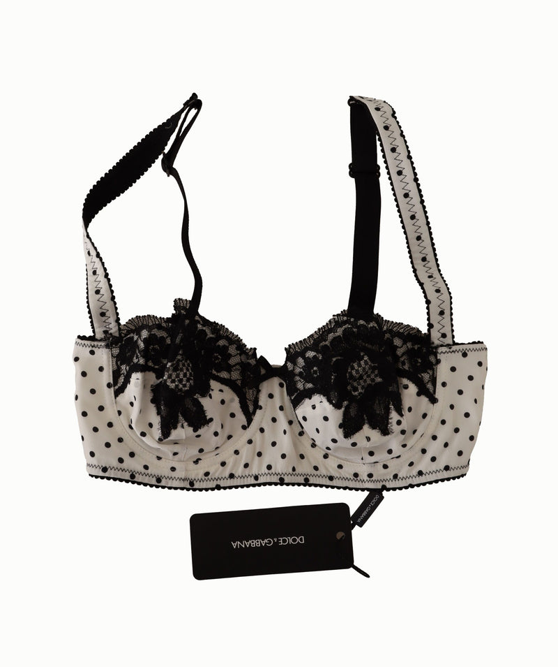 Elegant White Lace & Polka Dot Silk Bra Dolce & Gabbana