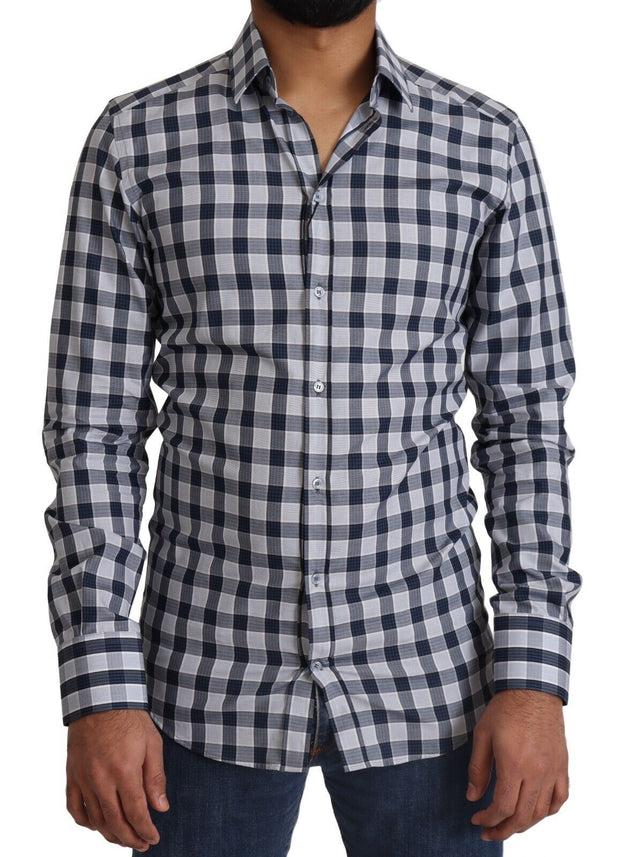 Elegant Blue & White Checkered Slim Fit Dress Shirt Dolce & Gabbana