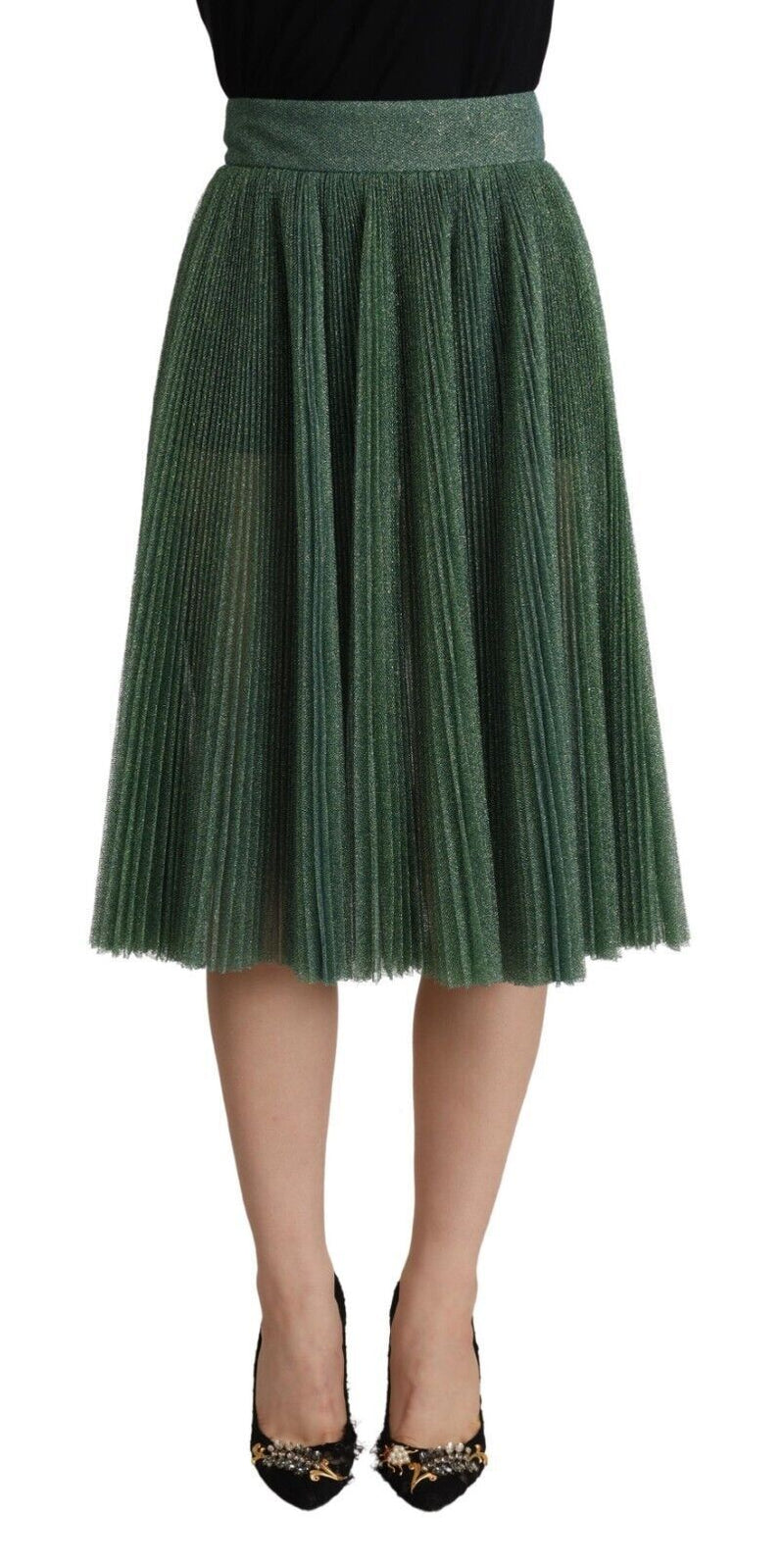 Metallic Green Pleated A-Line Midi Skirt Dolce & Gabbana