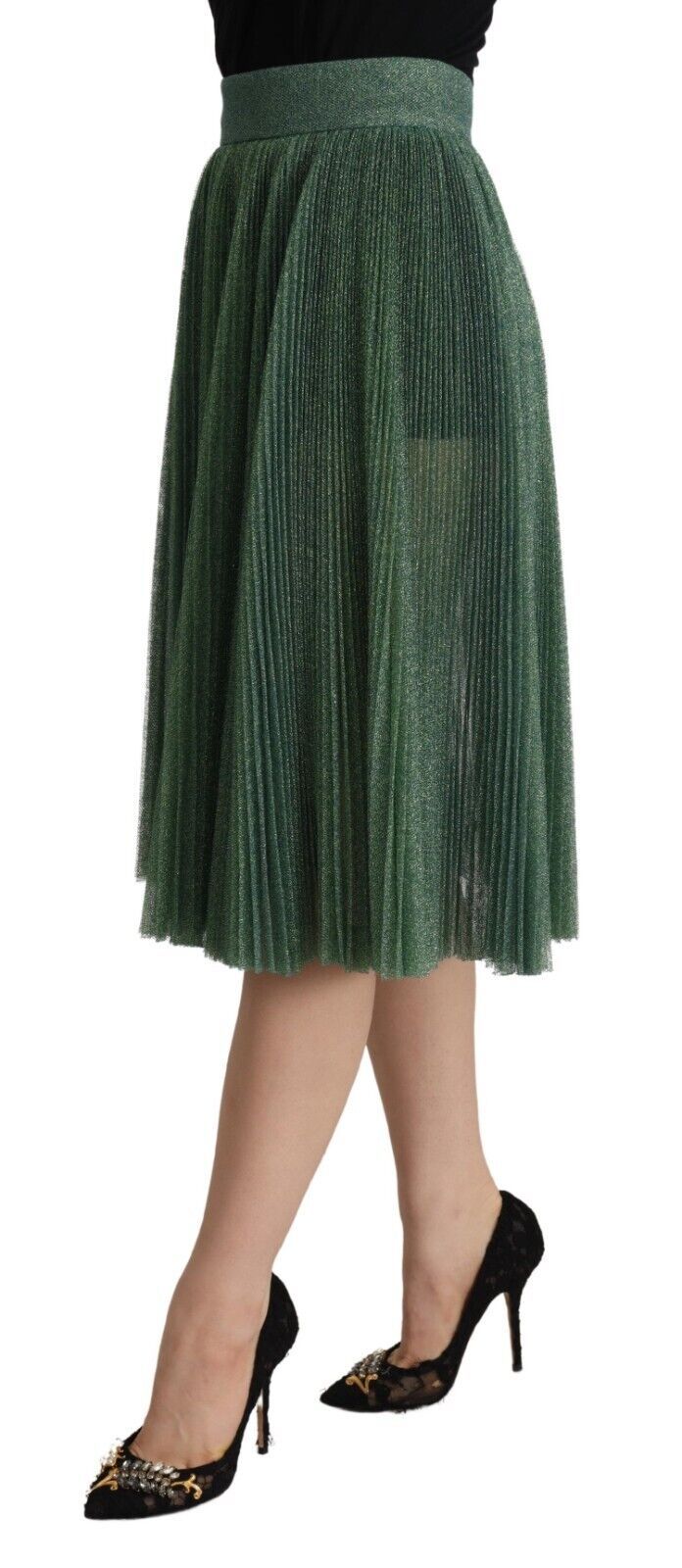 Metallic Green Pleated A-Line Midi Skirt Dolce & Gabbana