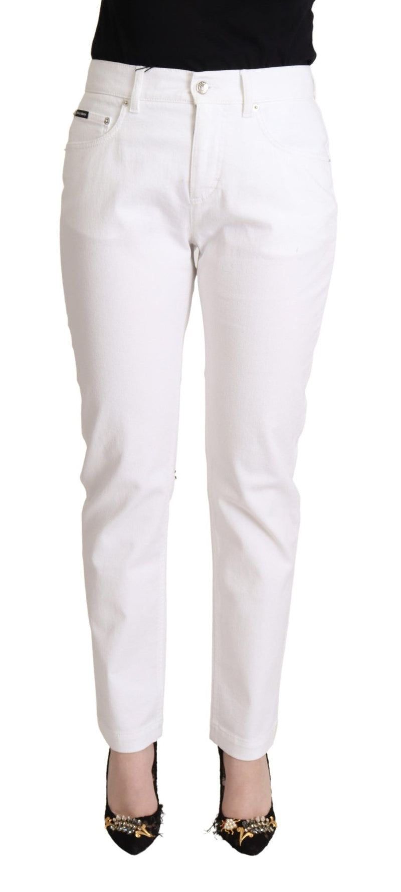 Chic White Tapered Denim Jeans with Logo Patch Dolce & Gabbana