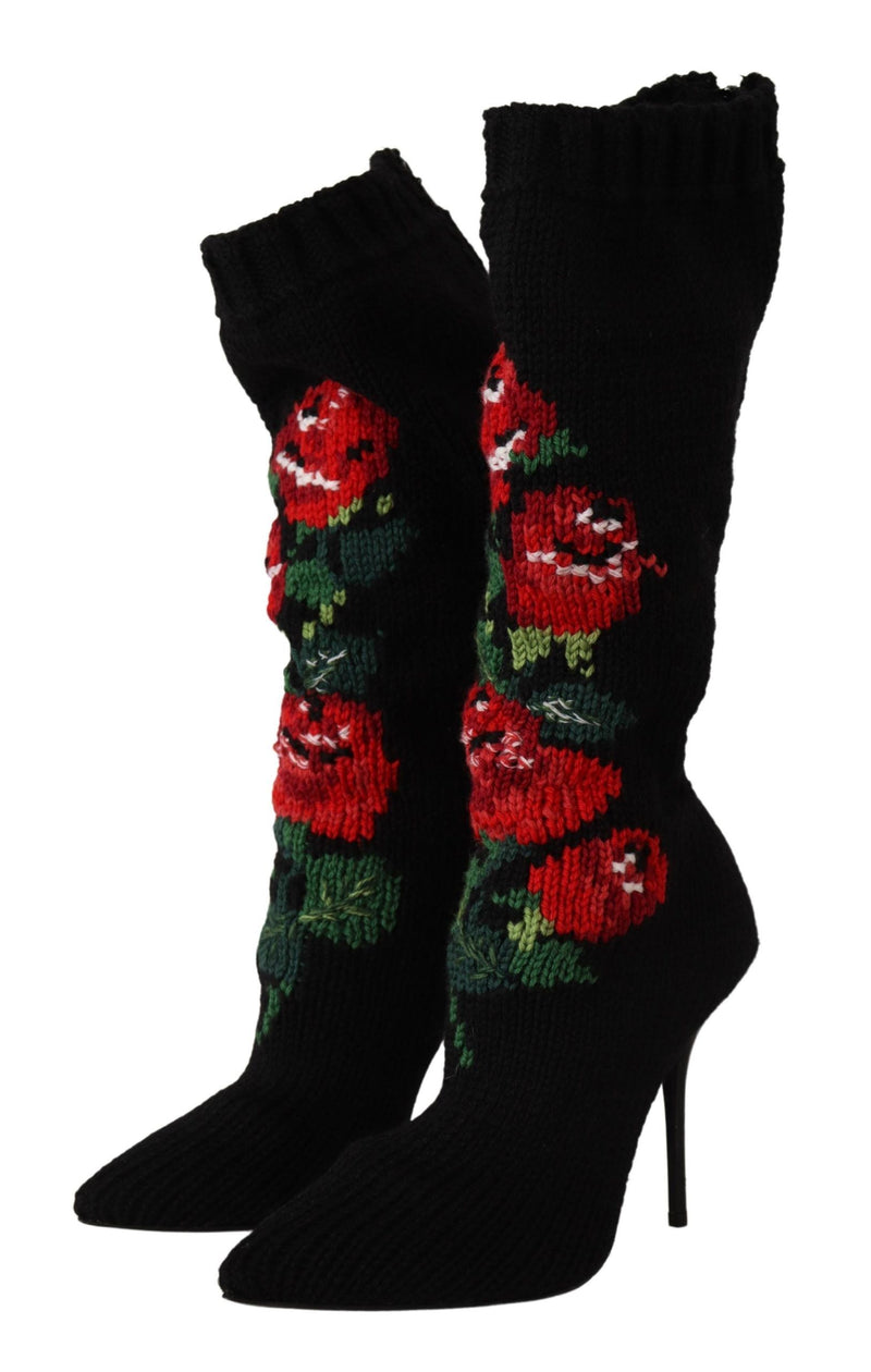 Elegant Sock Boots with Red Roses Detail Dolce & Gabbana