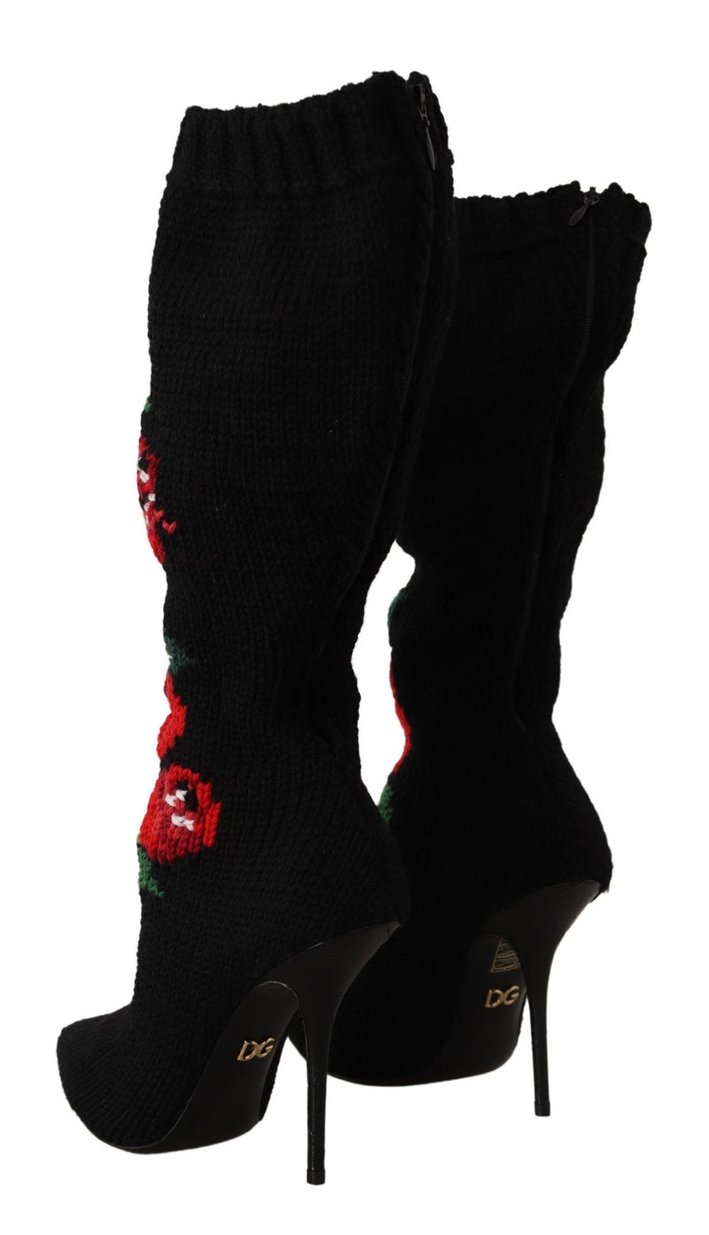 Elegant Sock Boots with Red Roses Detail Dolce & Gabbana