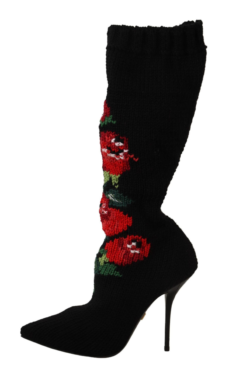 Elegant Sock Boots with Red Roses Detail Dolce & Gabbana