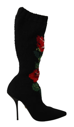 Elegant Sock Boots with Red Roses Detail Dolce & Gabbana