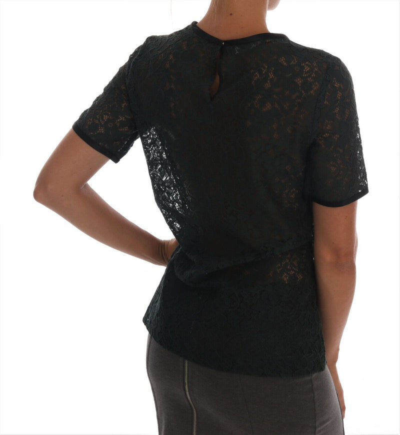 Dark Green Floral Lace Short Sleeve Blouse Dolce & Gabbana