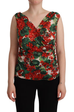 Elegant V-Neck Geranium Print Silk Tank Top Dolce & Gabbana