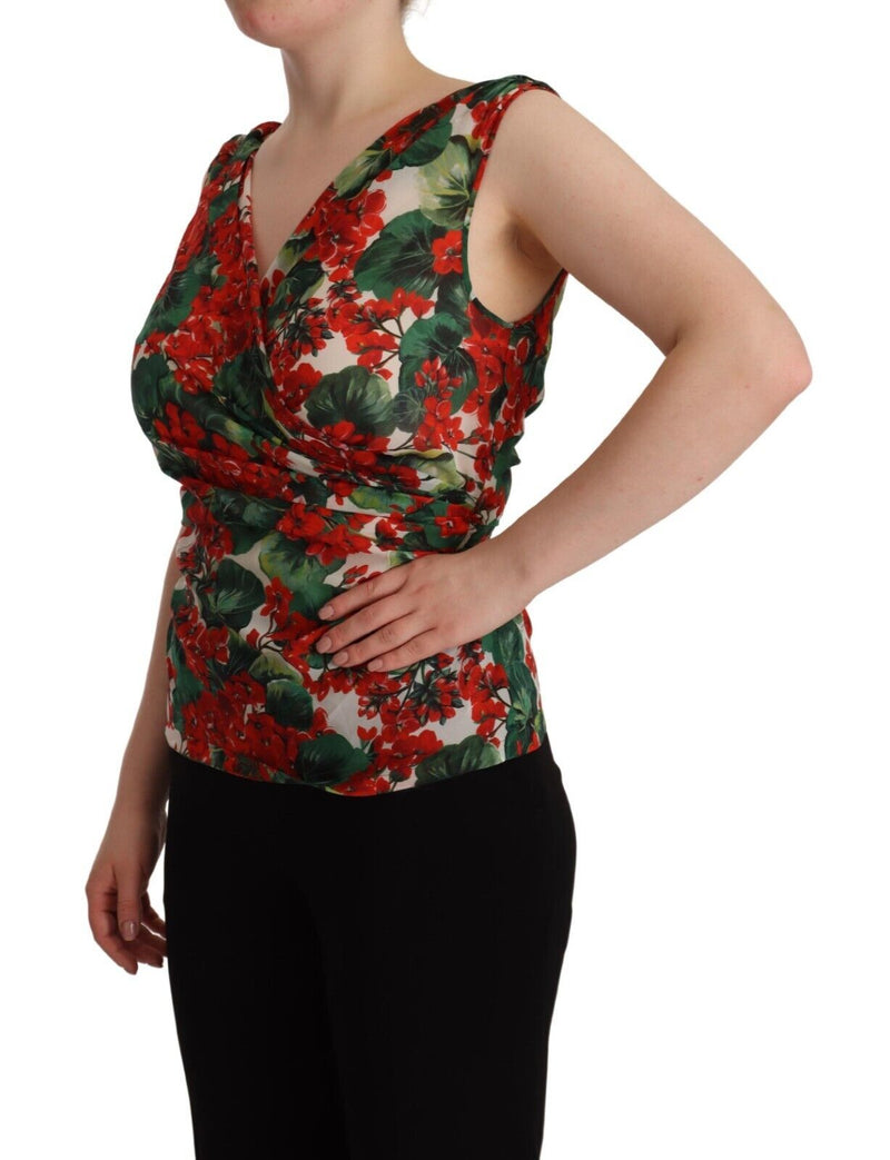 Elegant V-Neck Geranium Print Silk Tank Top Dolce & Gabbana