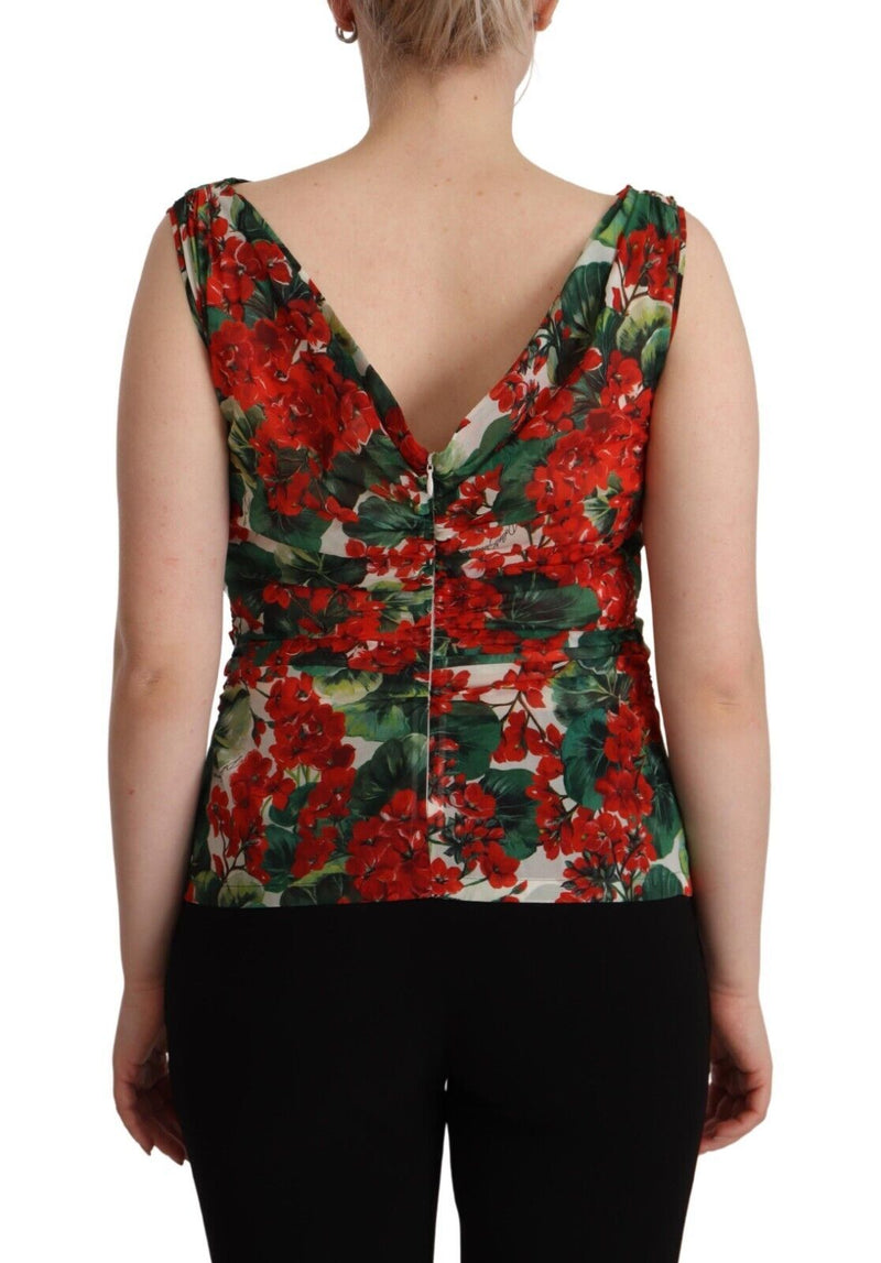 Elegant V-Neck Geranium Print Silk Tank Top Dolce & Gabbana