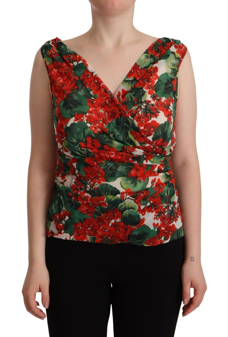 Elegant V-Neck Geranium Print Silk Tank Top Dolce & Gabbana