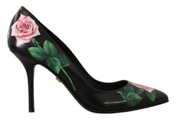 Elegant Black Rose Print Leather Heels Dolce & Gabbana
