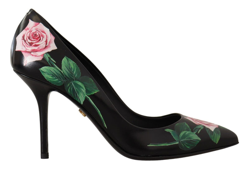 Elegant Black Rose Print Leather Heels Dolce & Gabbana