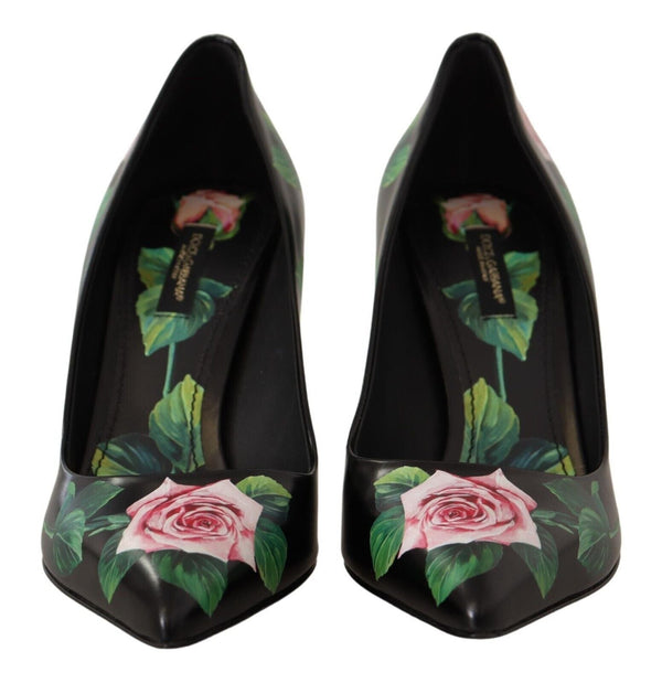 Elegant Black Rose Print Leather Heels Dolce & Gabbana
