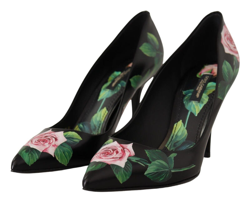 Elegant Black Rose Print Leather Heels Dolce & Gabbana