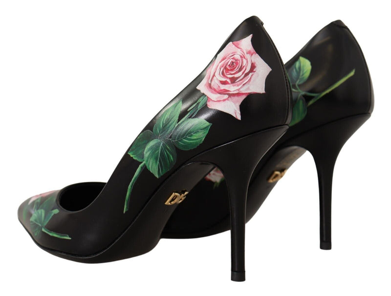 Elegant Black Rose Print Leather Heels Dolce & Gabbana