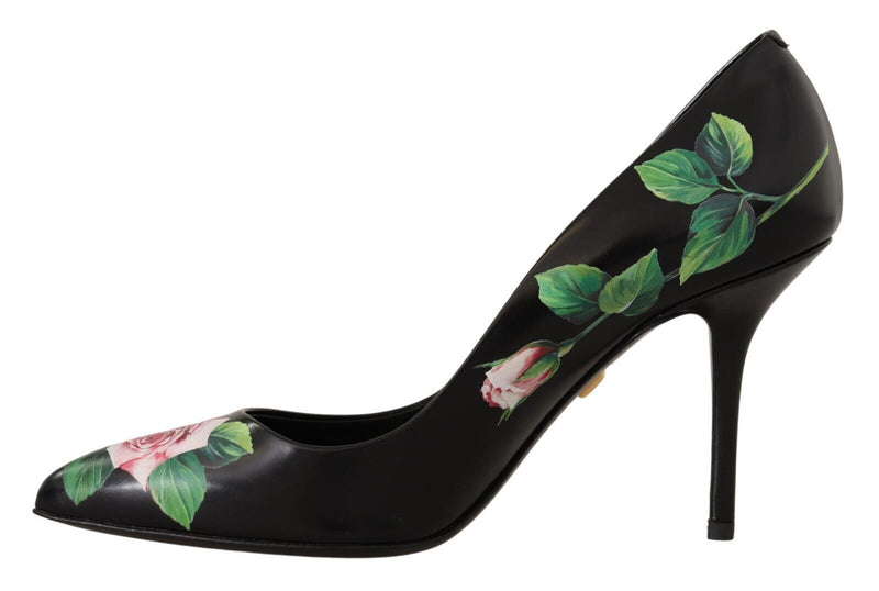 Elegant Black Rose Print Leather Heels Dolce & Gabbana