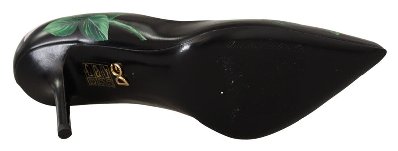 Elegant Black Rose Print Leather Heels Dolce & Gabbana
