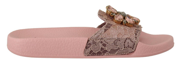 Floral Lace Crystal Embellished Slide Flats Dolce & Gabbana