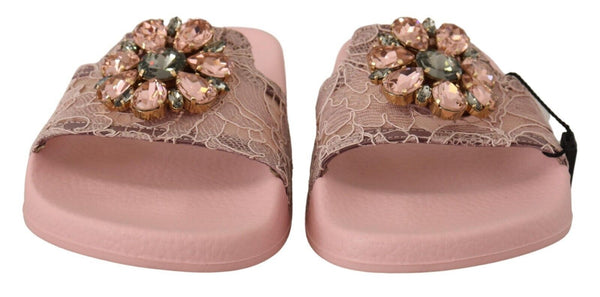 Floral Lace Crystal Embellished Slide Flats Dolce & Gabbana