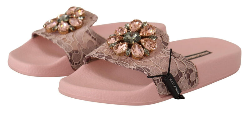 Floral Lace Crystal Embellished Slide Flats Dolce & Gabbana